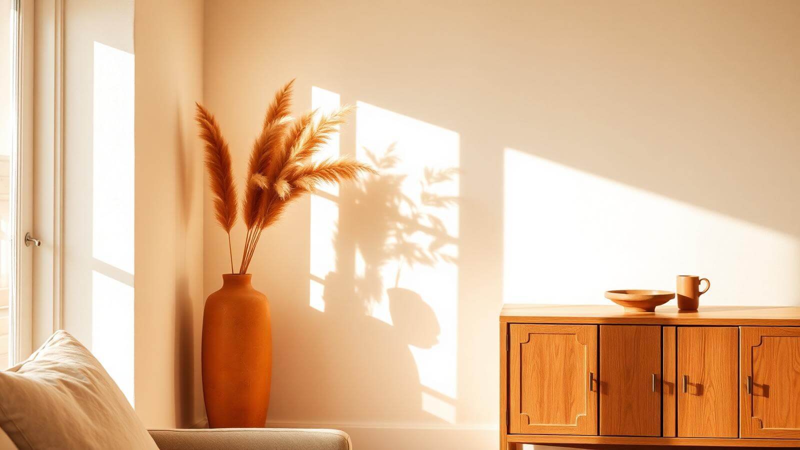 Sunlit interior with a terracotta vase of dried grasses beside a wooden sideboard