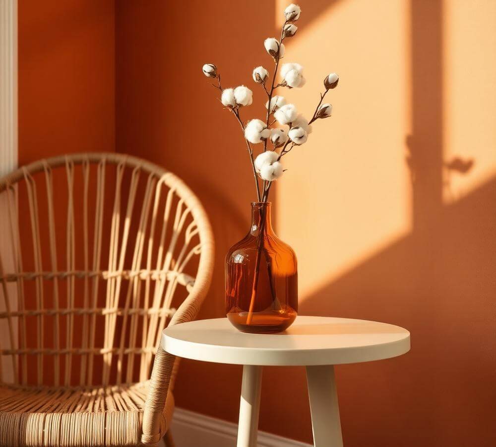 Rattan chair and small table with cotton stems in a warm, calm room